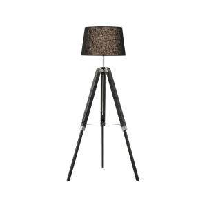Wood & Polished Chrome Floor Lamp – Black Fabric Shade