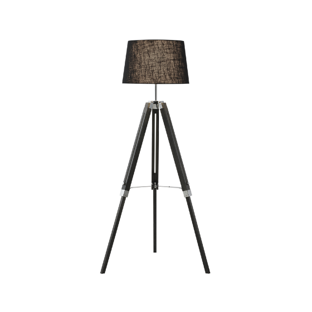 Wood & Polished Chrome Floor Lamp – Black Fabric Shade