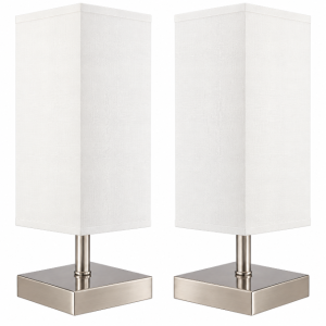 Twin Set – Satin Chrome Table Lamps with Beige Shades