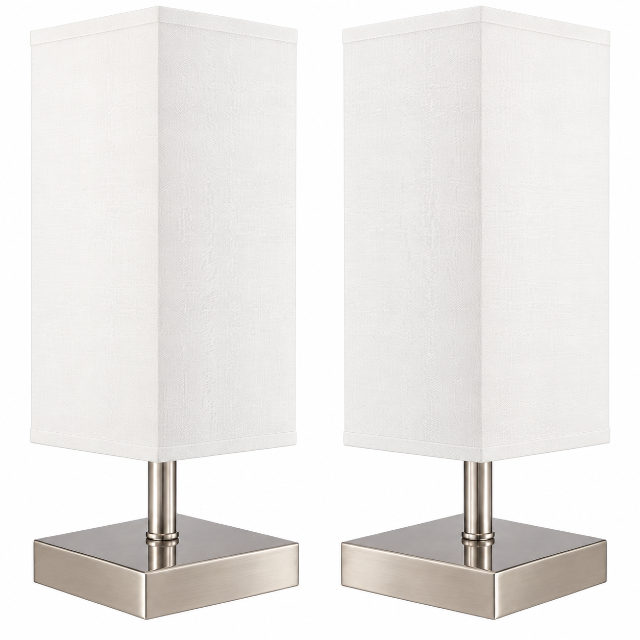 Twin Set – Satin Chrome Table Lamps with Beige Shades
